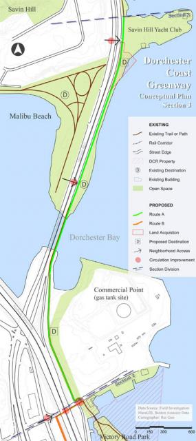 Proposed path: A state map shows how the Neponsest Greenway would run through the gas tank site next to Dorchester Bay. 
